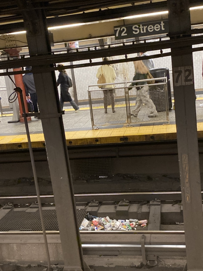 Trash piled on the subway tracks at 72nd Street
